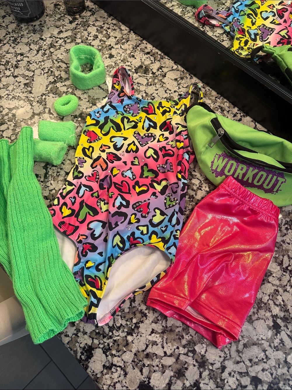 Neon Heart Print Leotard with Pink Metallic Shorts